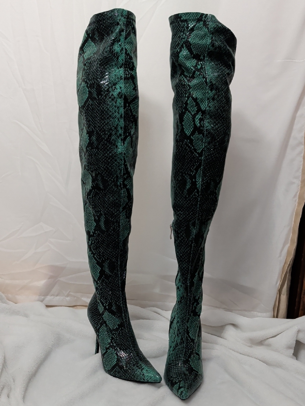 Green Snake-Print Thigh High Heeled Boots